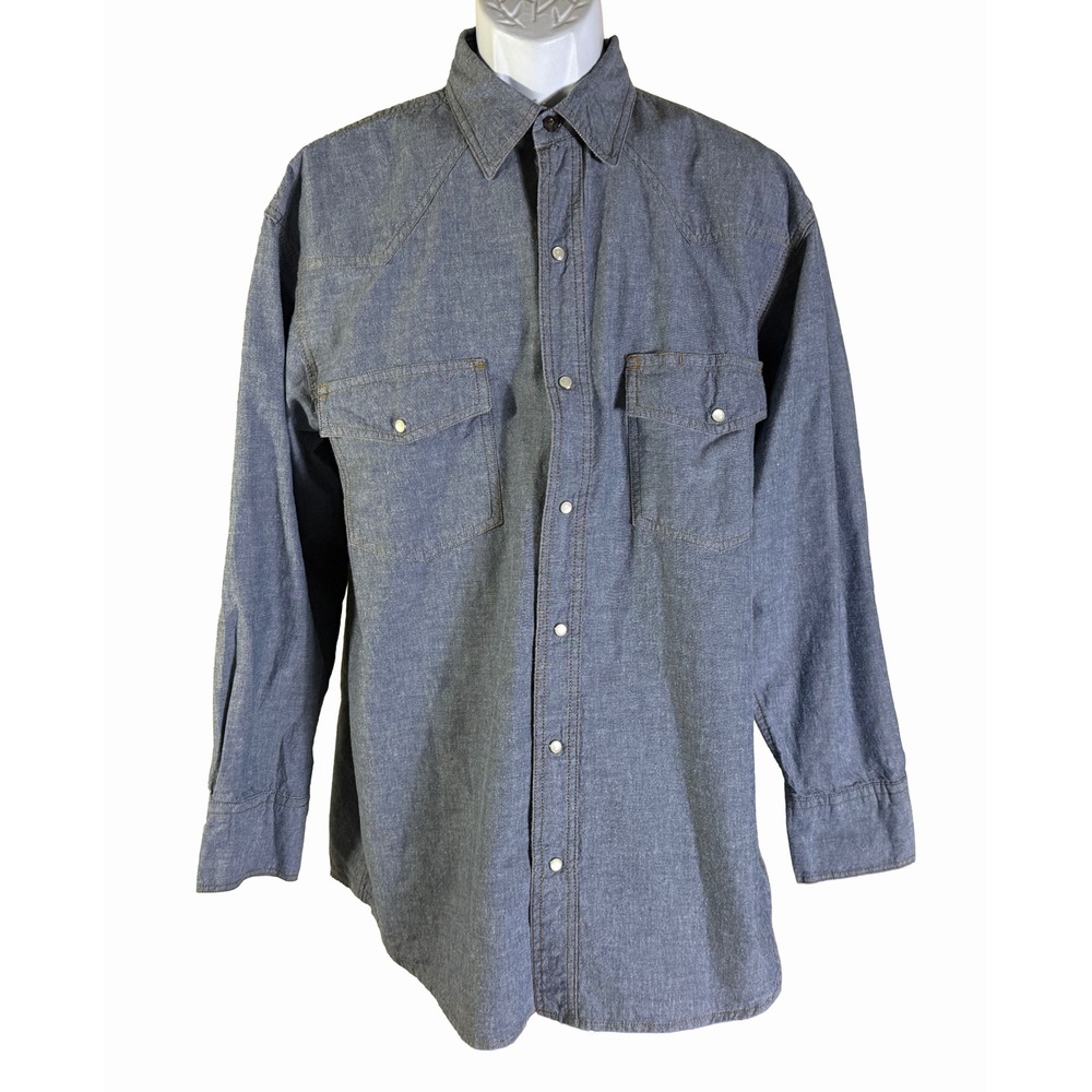 Key Western Shirt Mens Large Blue‎ Long Sleeve Pearl Snap Chambray Cotton